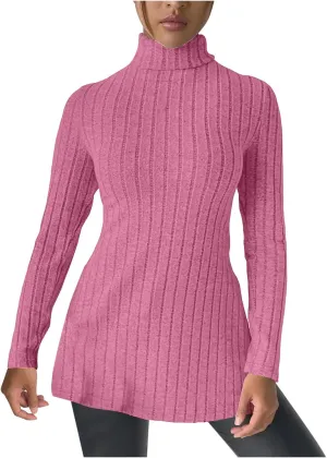 Women's Oversized Turtleneck Sweaters Fall Long Sleeve Ribbed Long Tunic Sweater Lightweight Knit Tops Loungewear