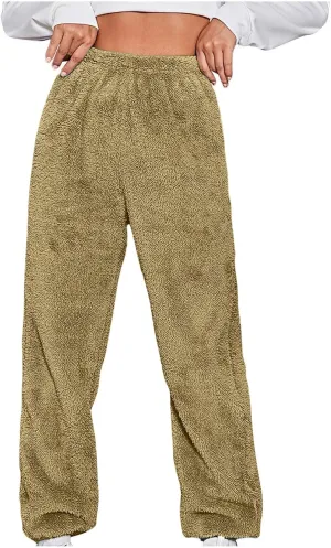 Womens Pajama Pants Fuzzy Fleece Sherpa High Waisted Sweatpants Soft Comfy Sleepwear Winter Warm Loungewear Pants