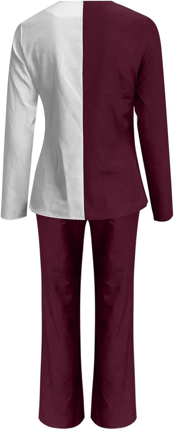 Womens Pant Suits Dressy Long Sleeve V Neck Colorblock Blouse Wide Leg Pants 2 Piece Set Fashion Business Work Outfit