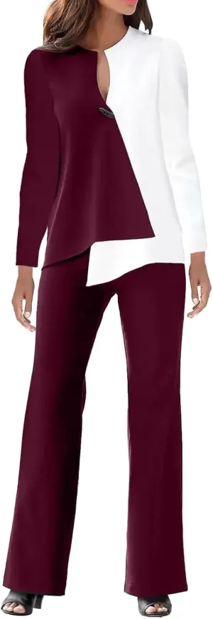 Womens Pant Suits Dressy Long Sleeve V Neck Colorblock Blouse Wide Leg Pants 2 Piece Set Fashion Business Work Outfit
