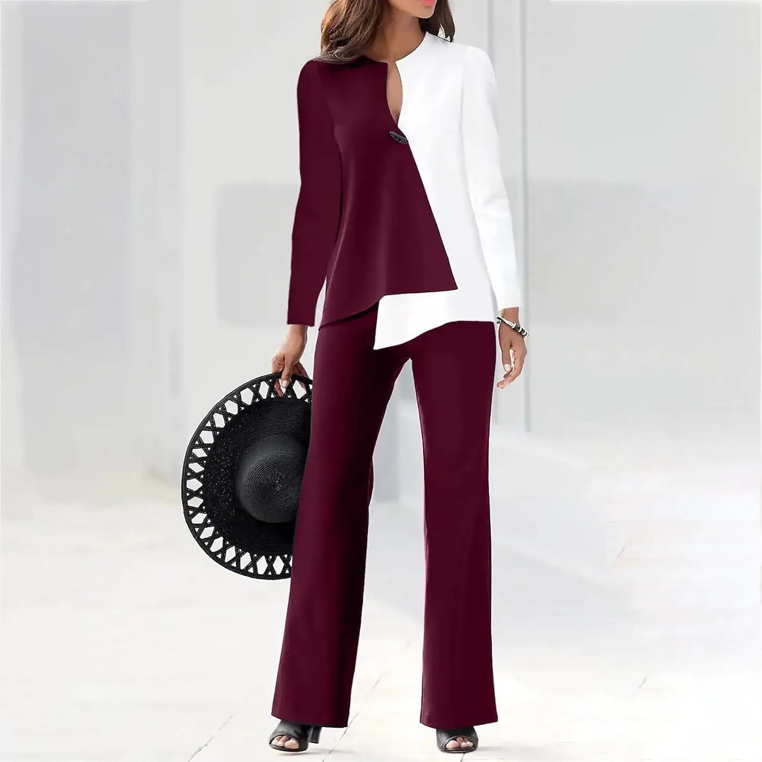 Womens Pant Suits Dressy Long Sleeve V Neck Colorblock Blouse Wide Leg Pants 2 Piece Set Fashion Business Work Outfit