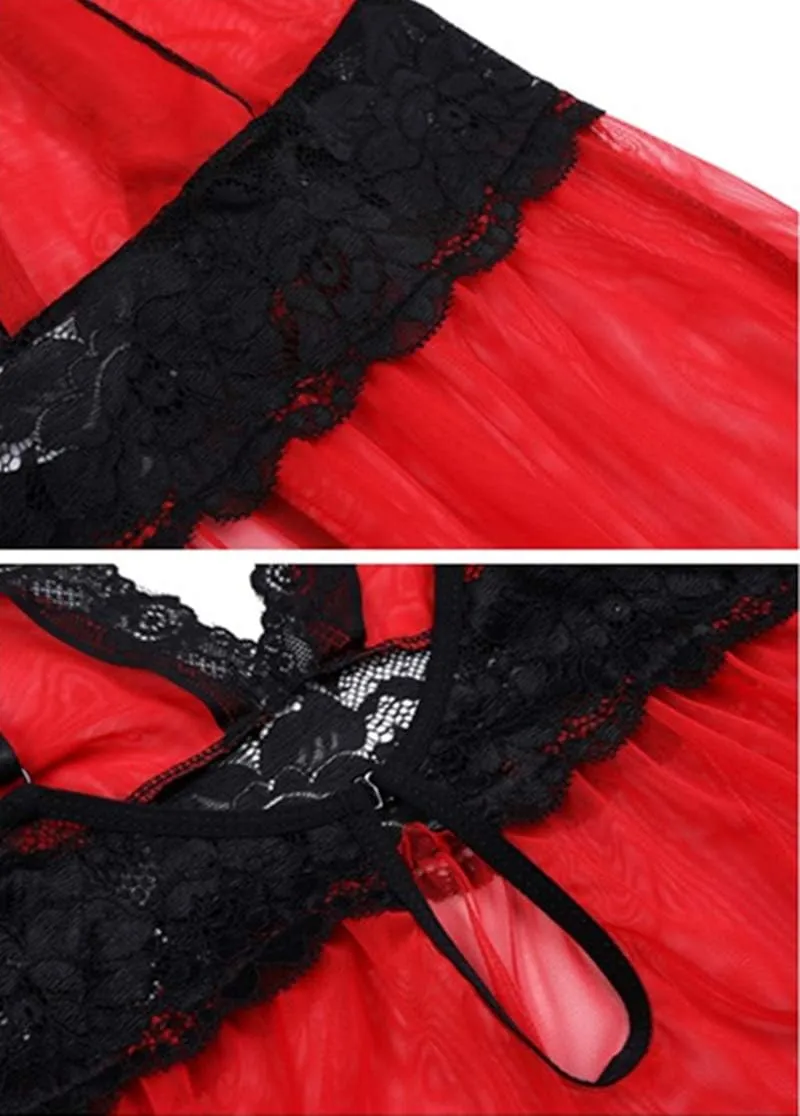 Women's Plus Size Lingerie Red Babydoll Lace Split Cup Sleepwear Chemise Set