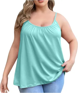 Women's Plus Size Tank Tops with Built in Bras 2025 Summer Casual Loose Fit Tunic Cami Spaghetti Strap Blouses