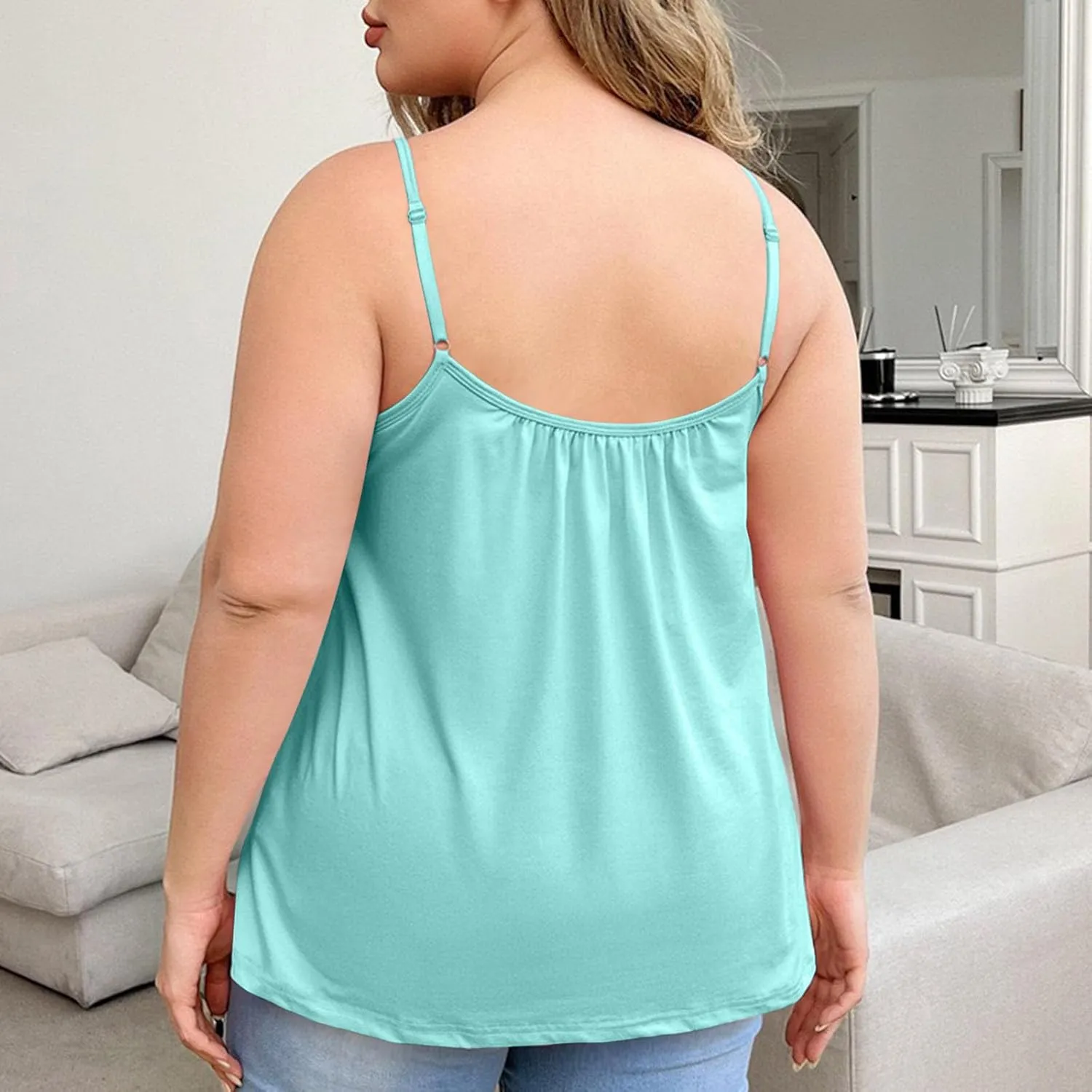 Women's Plus Size Tank Tops with Built in Bras 2025 Summer Casual Loose Fit Tunic Cami Spaghetti Strap Blouses