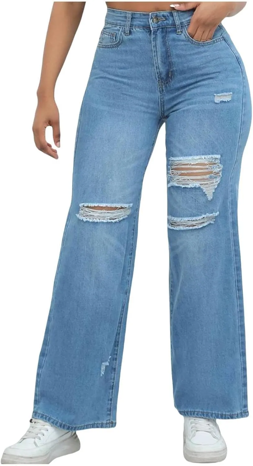 Womens Ripped Jeans High Waisted Stretchy Distressed Baggy Straight Wide Leg Denim Pants 90s Outfits Going Out Pants