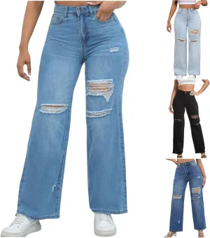 Womens Ripped Jeans High Waisted Stretchy Distressed Baggy Straight Wide Leg Denim Pants 90s Outfits Going Out Pants