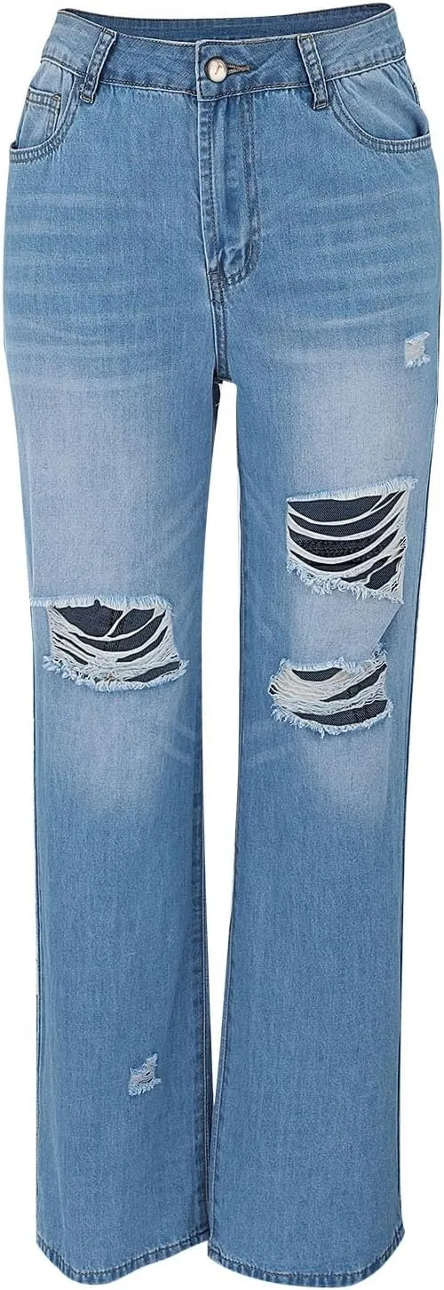 Womens Ripped Jeans High Waisted Stretchy Distressed Baggy Straight Wide Leg Denim Pants 90s Outfits Going Out Pants