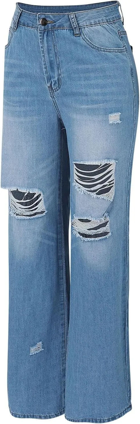 Womens Ripped Jeans High Waisted Stretchy Distressed Baggy Straight Wide Leg Denim Pants 90s Outfits Going Out Pants