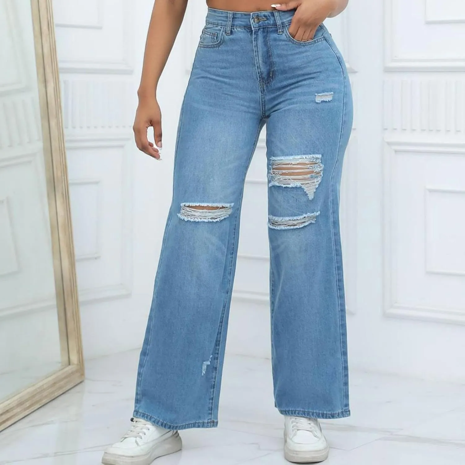 Womens Ripped Jeans High Waisted Stretchy Distressed Baggy Straight Wide Leg Denim Pants 90s Outfits Going Out Pants