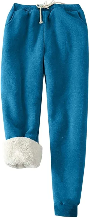 Women's Sherpa Fleece Lined Thicken Joggers Casual Solid Drawstring Waist Cinch Bottom Sweatpants Comfy Warm Home Loungewear