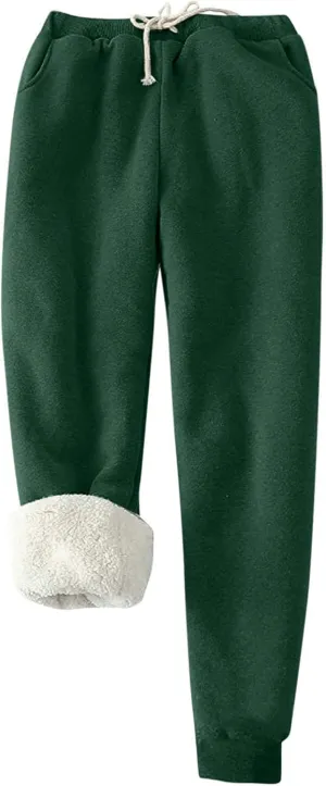 Women's Sherpa Fleece Lined Thicken Joggers Casual Solid Drawstring Waist Cinch Bottom Sweatpants Comfy Warm Home Loungewear