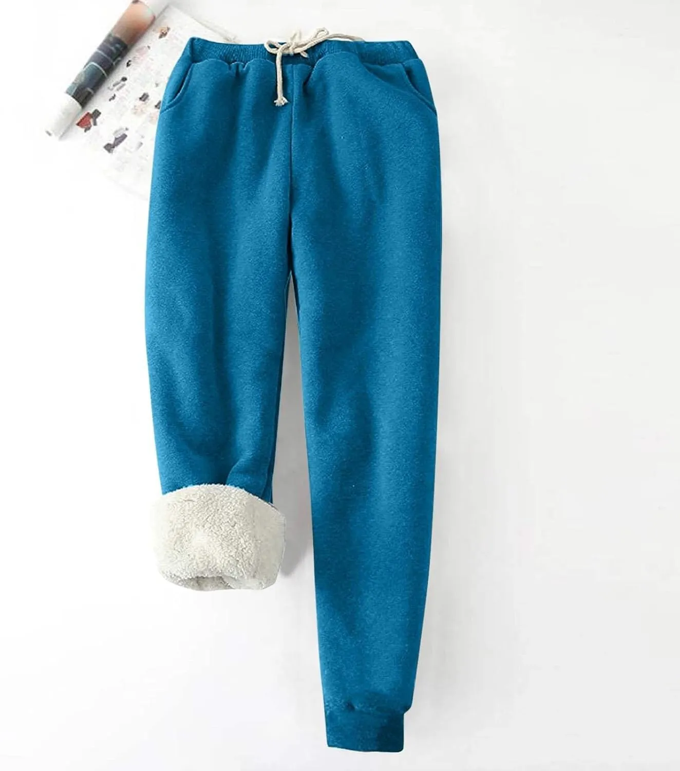 Women's Sherpa Fleece Lined Thicken Joggers Casual Solid Drawstring Waist Cinch Bottom Sweatpants Comfy Warm Home Loungewear