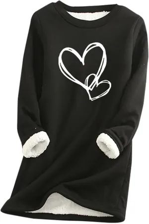 Womens Sherpa Lined Sweatshirt Fleece Warm Crewneck Long Sleeve Heart Graphic Soft Pullover Winter Thermal Loungewear