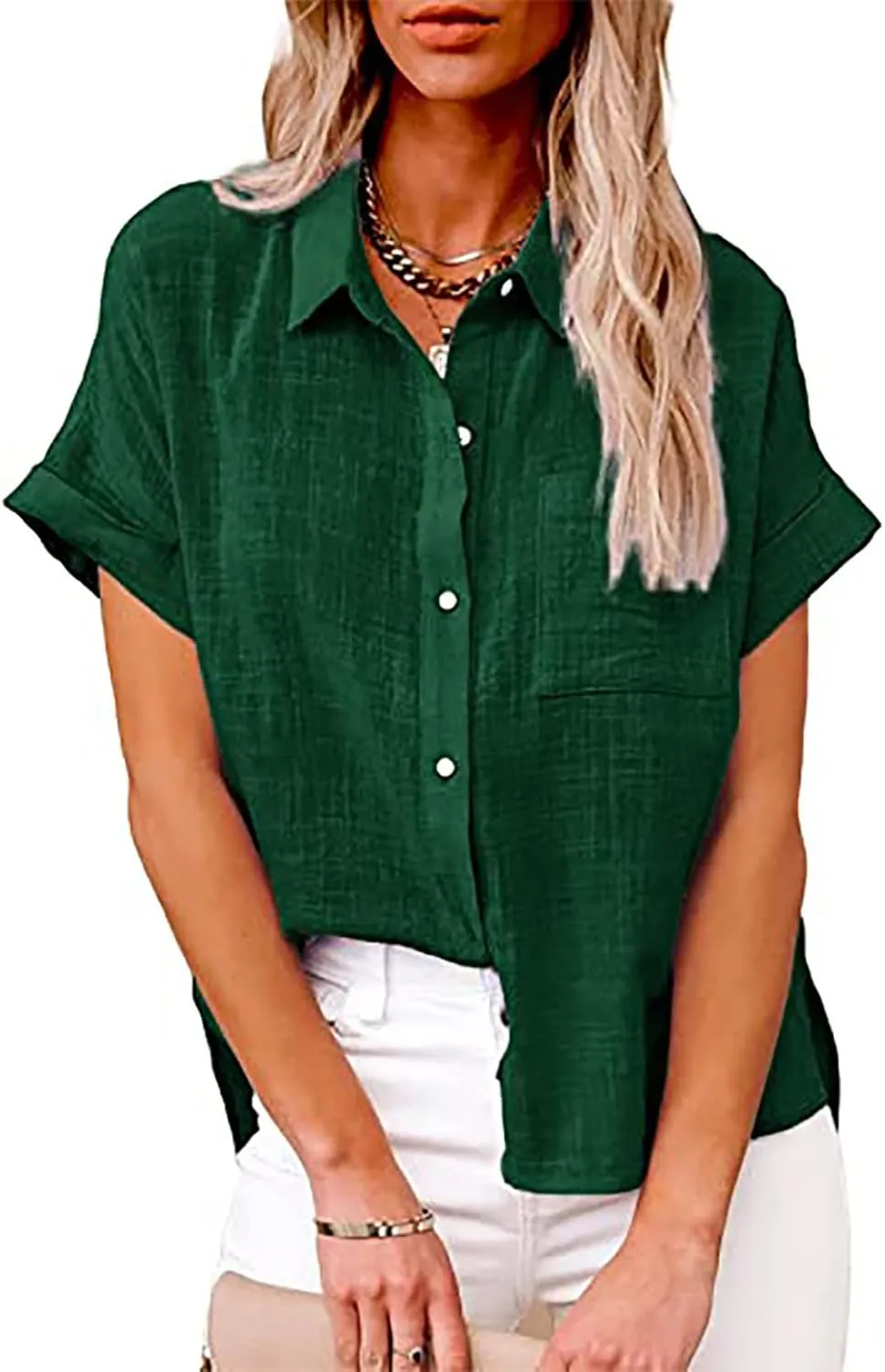 Women's Short Sleeve Linen Tops Button Down Summer Shirts Plus Size Work Blouse Dressy Casual Basic Tee Shirt Tops