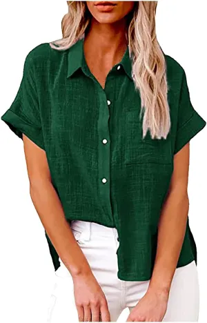 Women's Short Sleeve Linen Tops Button Down Summer Shirts Plus Size Work Blouse Dressy Casual Basic Tee Shirt Tops