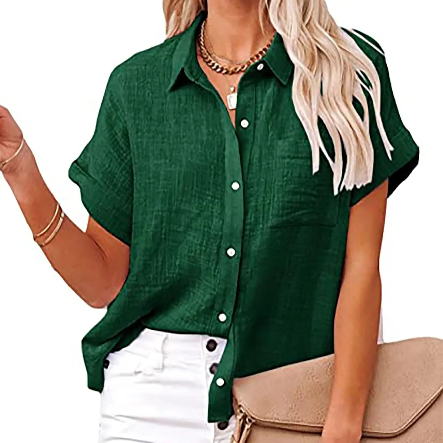 Women's Short Sleeve Linen Tops Button Down Summer Shirts Plus Size Work Blouse Dressy Casual Basic Tee Shirt Tops