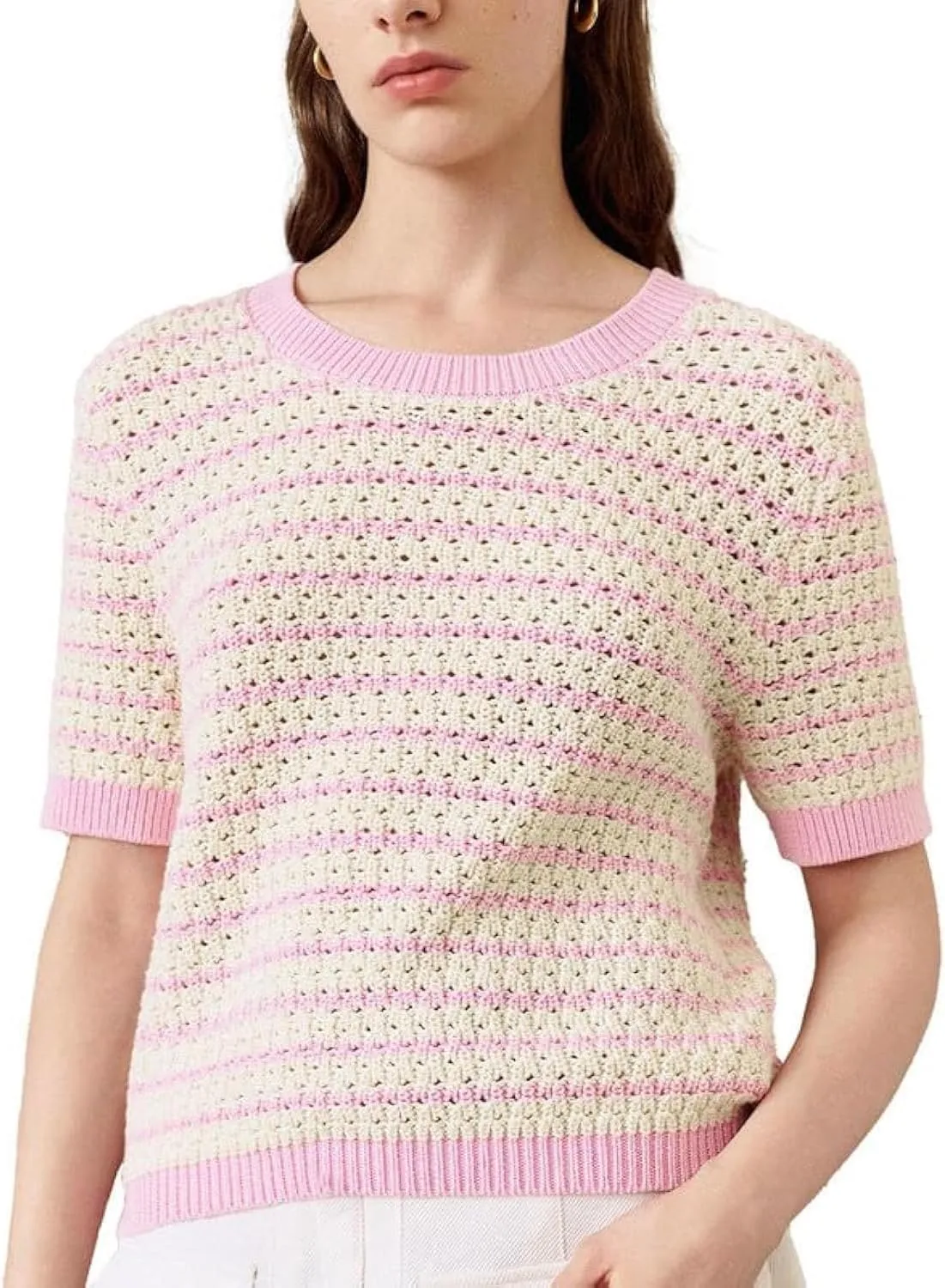 Women's Short Sleeve Sweaters Crewneck Knit Tops Casual Striped 2025 Trendy Soft Summer Blouses