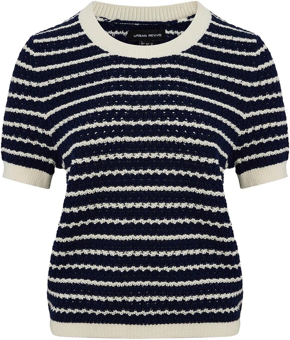 Women's Short Sleeve Sweaters Crewneck Knit Tops Casual Striped 2025 Trendy Soft Summer Blouses