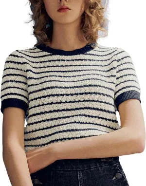 Women's Short Sleeve Sweaters Crewneck Knit Tops Casual Striped 2025 Trendy Soft Summer Blouses