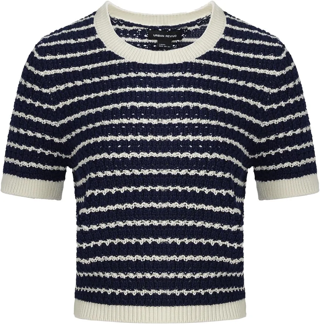 Women's Short Sleeve Sweaters Crewneck Knit Tops Casual Striped 2025 Trendy Soft Summer Blouses