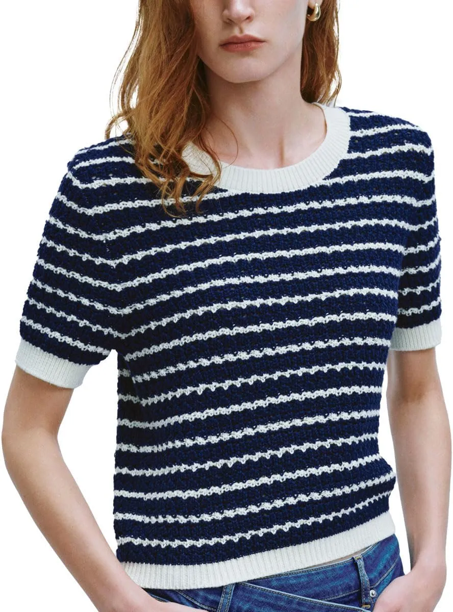 Women's Short Sleeve Sweaters Crewneck Knit Tops Casual Striped 2025 Trendy Soft Summer Blouses