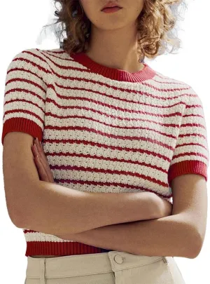 Women's Short Sleeve Sweaters Crewneck Knit Tops Casual Striped 2025 Trendy Soft Summer Blouses