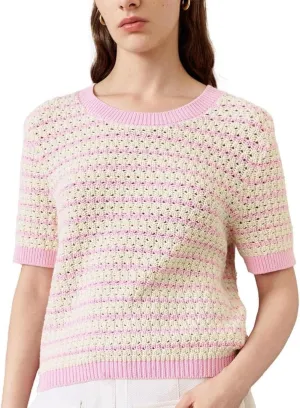 Women's Short Sleeve Sweaters Crewneck Knit Tops Casual Striped 2025 Trendy Soft Summer Blouses