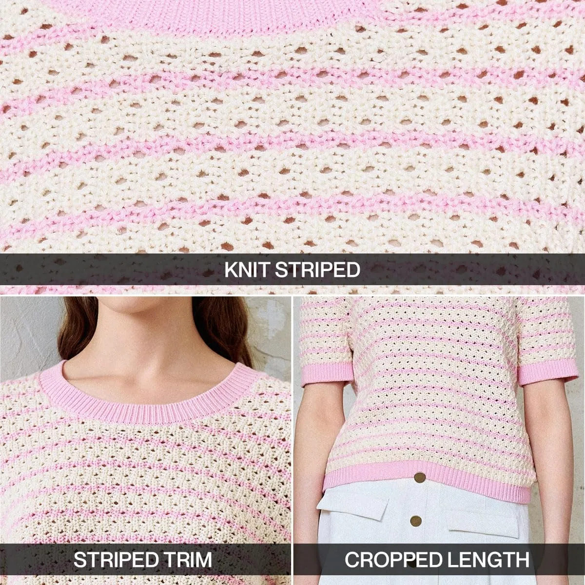 Women's Short Sleeve Sweaters Crewneck Knit Tops Casual Striped 2025 Trendy Soft Summer Blouses