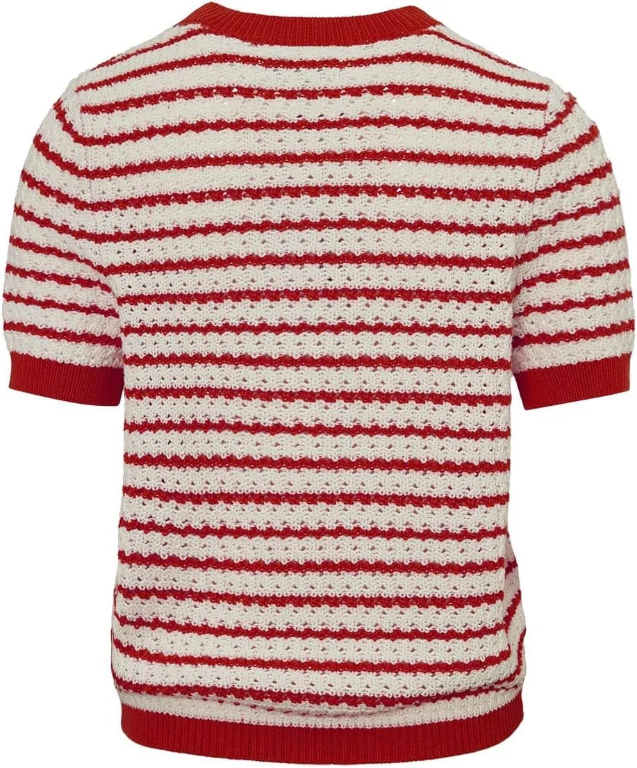 Women's Short Sleeve Sweaters Crewneck Knit Tops Casual Striped 2025 Trendy Soft Summer Blouses
