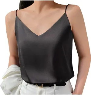 Womens Silk Satin Cami Tops Summer Cute Spaghetti Strap Camisole Sleeveless V Neck Basic Crop Tank Shirt Loungewear