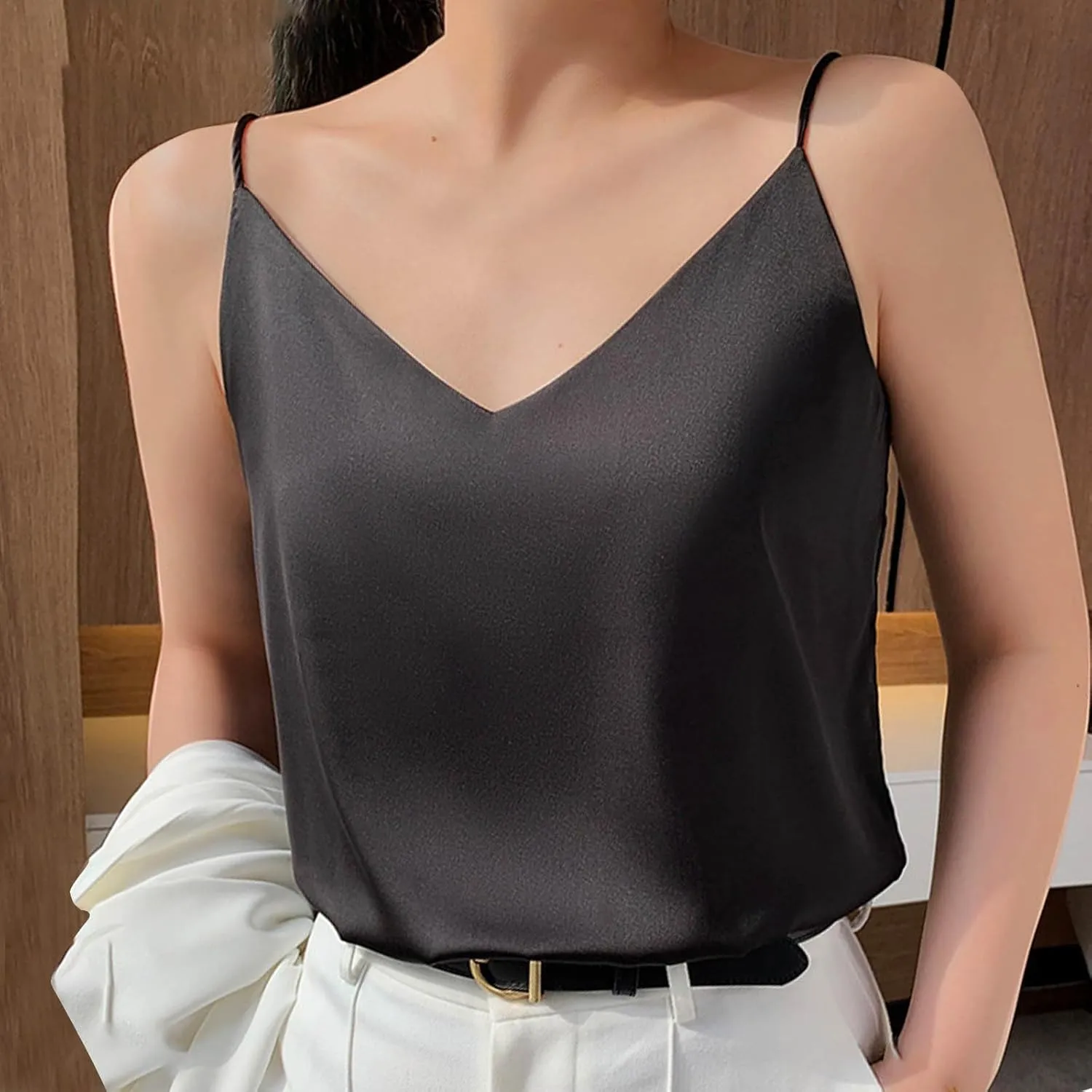 Womens Silk Satin Cami Tops Summer Cute Spaghetti Strap Camisole Sleeveless V Neck Basic Crop Tank Shirt Loungewear