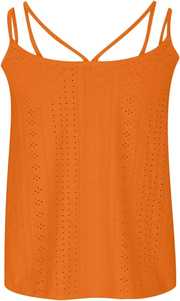 Womens Sleeveless Cami Tank Tops Eyelet Embroidery Spaghetti Strap Shirts 2025 Loose Summer Spring Outfits