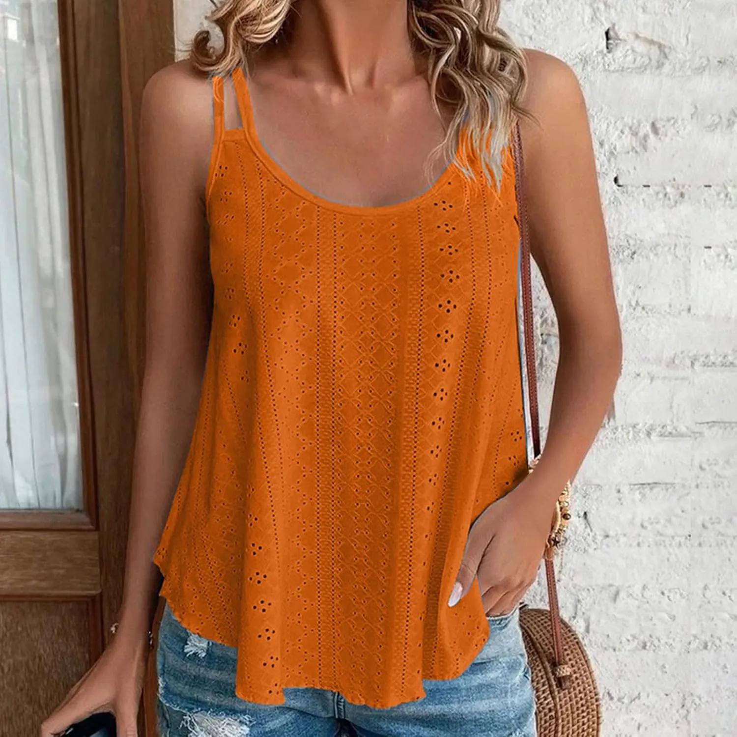Womens Sleeveless Cami Tank Tops Eyelet Embroidery Spaghetti Strap Shirts 2025 Loose Summer Spring Outfits