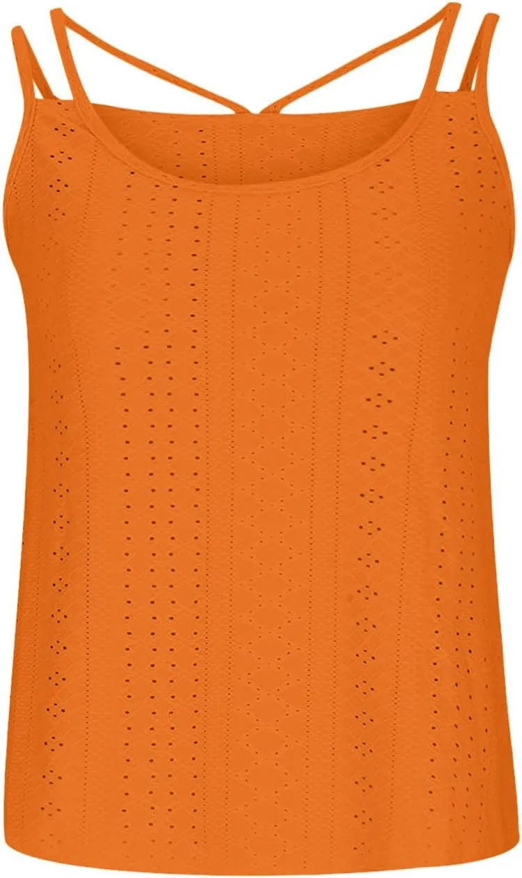 Womens Sleeveless Cami Tank Tops Eyelet Embroidery Spaghetti Strap Shirts 2025 Loose Summer Spring Outfits