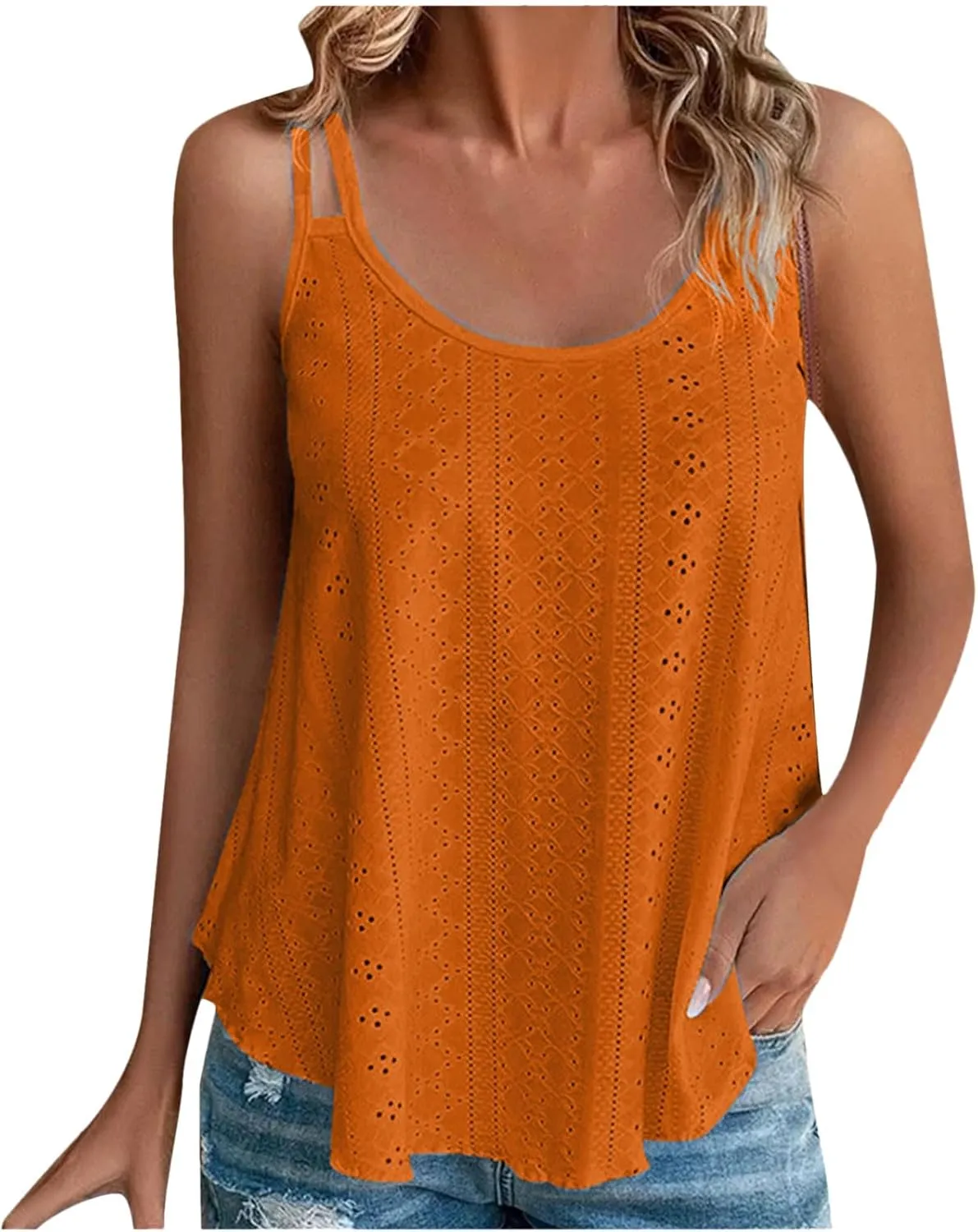 Womens Sleeveless Cami Tank Tops Eyelet Embroidery Spaghetti Strap Shirts 2025 Loose Summer Spring Outfits