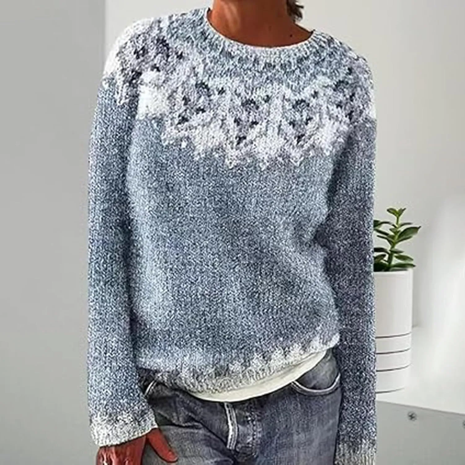 Women's Soft-Touch Fair Isle Pattern Sweater Women's Knitted Isle Print Retro Sweater Casual Loose Crewneck Long