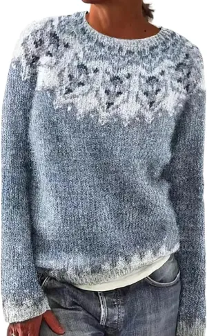 Women's Soft-Touch Fair Isle Pattern Sweater Women's Knitted Isle Print Retro Sweater Casual Loose Crewneck Long
