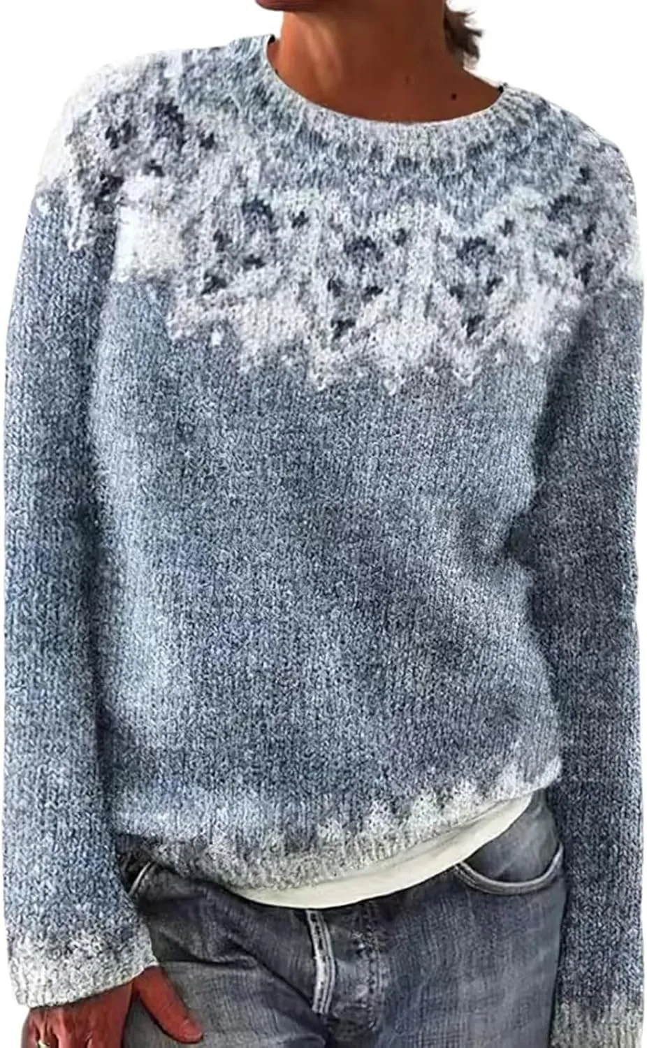 Women's Soft-Touch Fair Isle Pattern Sweater Women's Knitted Isle Print Retro Sweater Casual Loose Crewneck Long