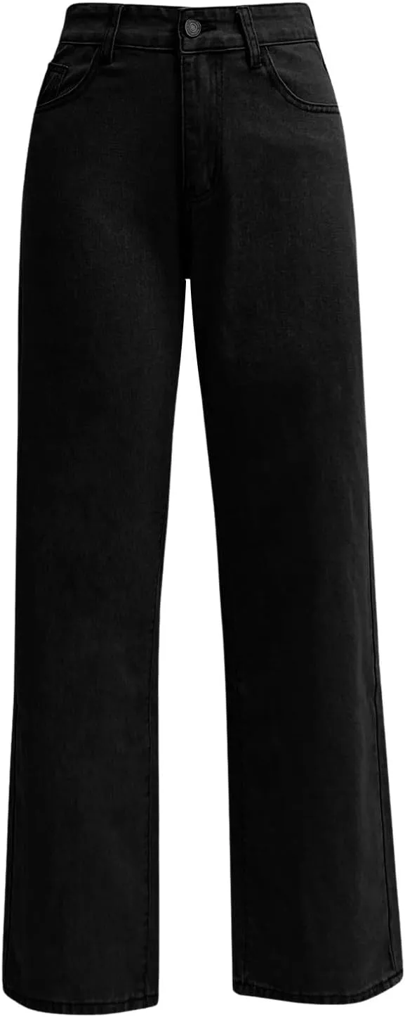 Womens Straight Leg Denim Pants Fashion Rise Baggy Wide Leg Jeans Plus Size Trousers with Pocket
