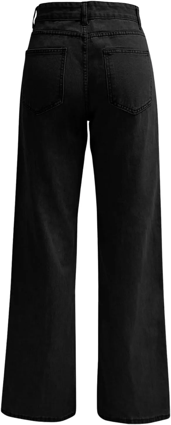 Womens Straight Leg Denim Pants Fashion Rise Baggy Wide Leg Jeans Plus Size Trousers with Pocket