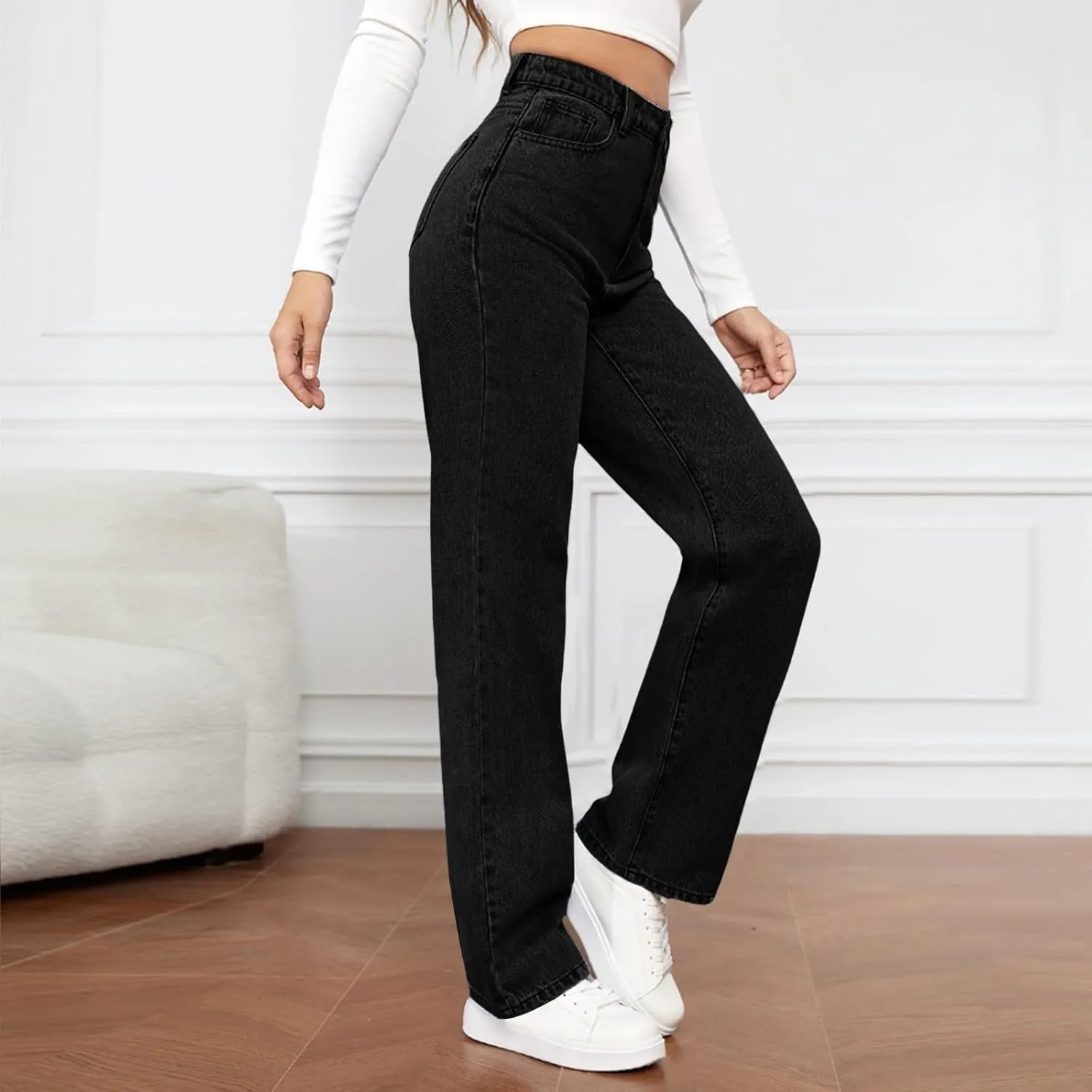 Womens Straight Leg Denim Pants Fashion Rise Baggy Wide Leg Jeans Plus Size Trousers with Pocket