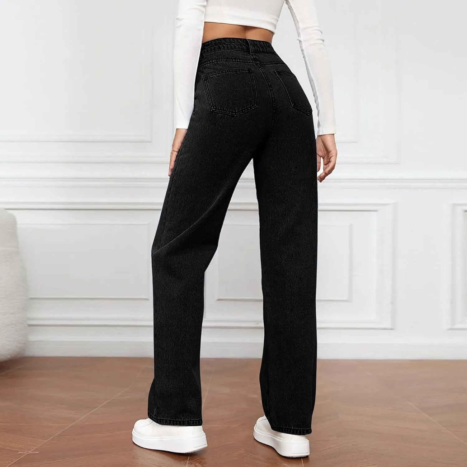 Womens Straight Leg Denim Pants Fashion Rise Baggy Wide Leg Jeans Plus Size Trousers with Pocket