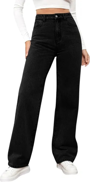 Womens Straight Leg Denim Pants Fashion Rise Baggy Wide Leg Jeans Plus Size Trousers with Pocket