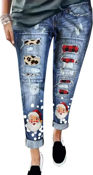 Womens Straight Leg Jeans Santa Prints Patch Mid Waist Denim Pants Stretch Slim Fit Boyfriend Destroyed Washed Ankle Trousers