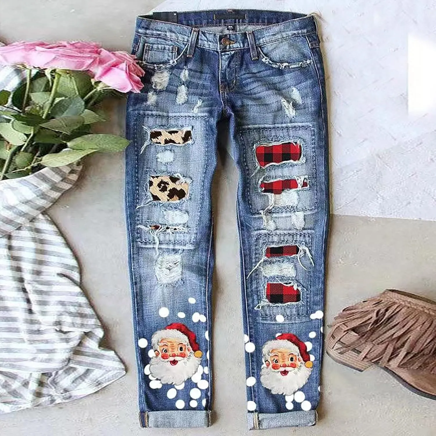 Womens Straight Leg Jeans Santa Prints Patch Mid Waist Denim Pants Stretch Slim Fit Boyfriend Destroyed Washed Ankle Trousers