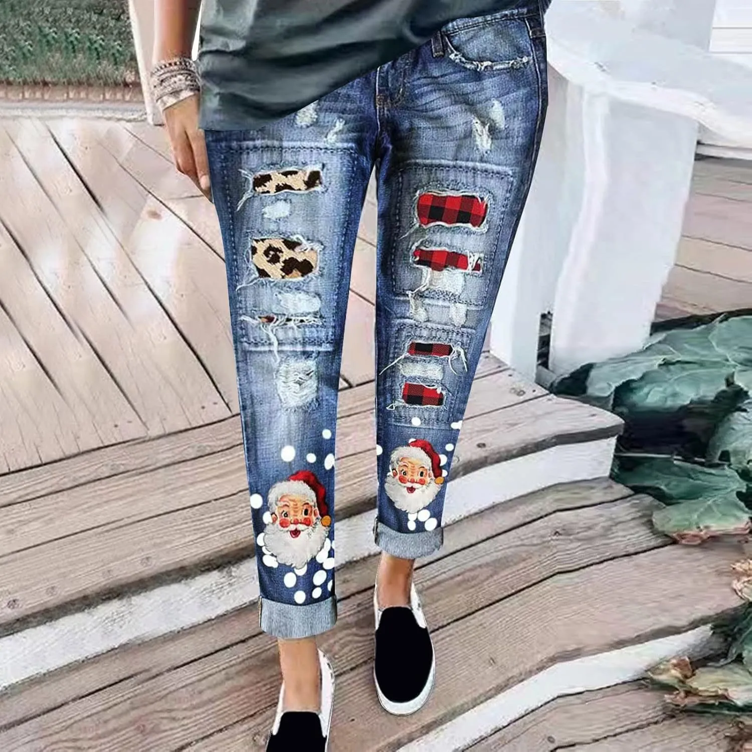 Womens Straight Leg Jeans Santa Prints Patch Mid Waist Denim Pants Stretch Slim Fit Boyfriend Destroyed Washed Ankle Trousers
