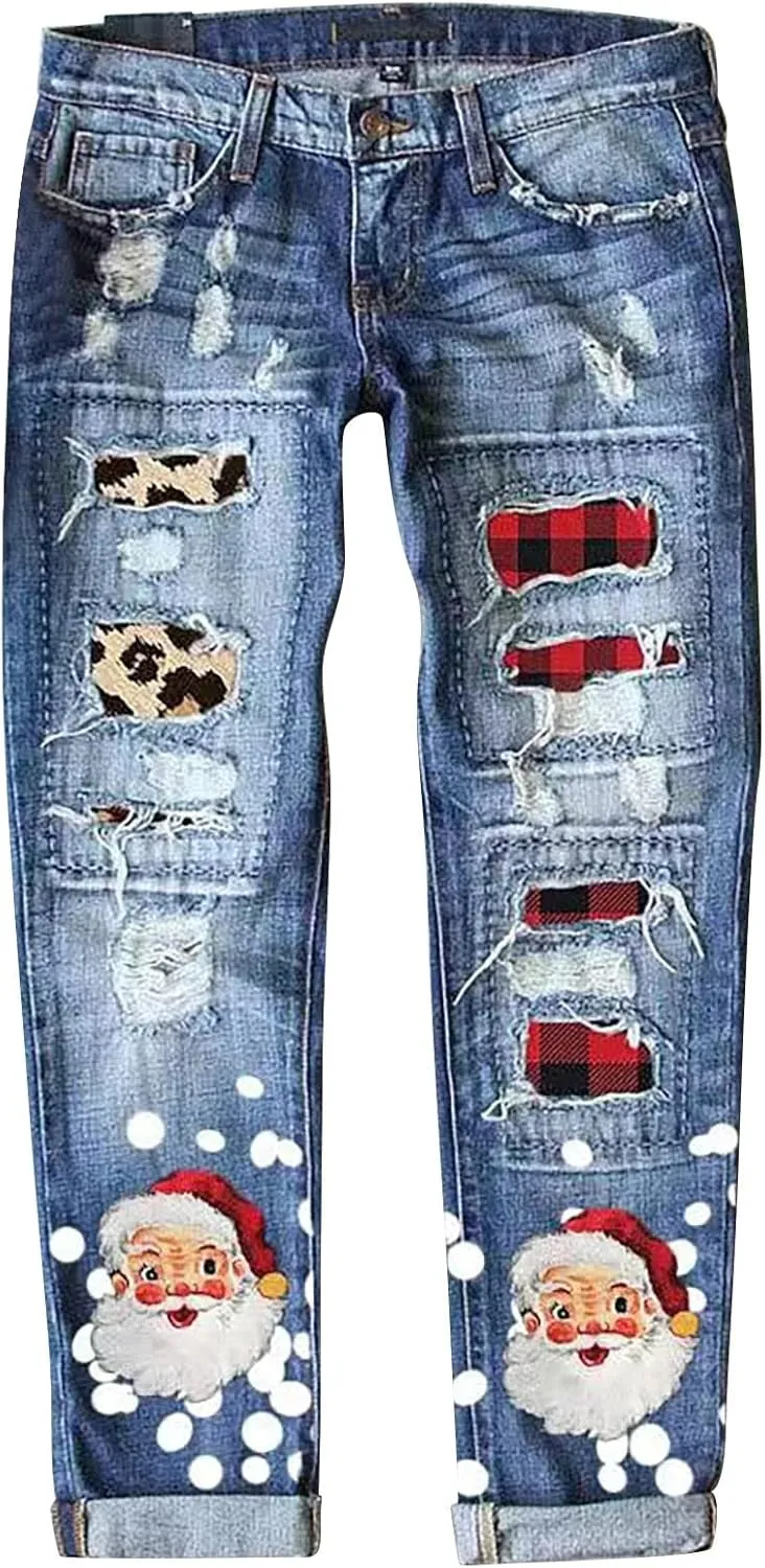 Womens Straight Leg Jeans Santa Prints Patch Mid Waist Denim Pants Stretch Slim Fit Boyfriend Destroyed Washed Ankle Trousers