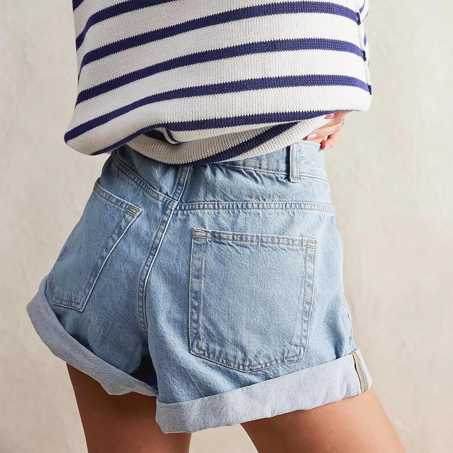 Womens Stretchy High Waisted Summer Beach Casual Trendy Rolled Hem Loose Fit Hot Short Jeans with Pockets