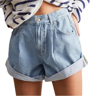 Womens Stretchy High Waisted Summer Beach Casual Trendy Rolled Hem Loose Fit Hot Short Jeans with Pockets