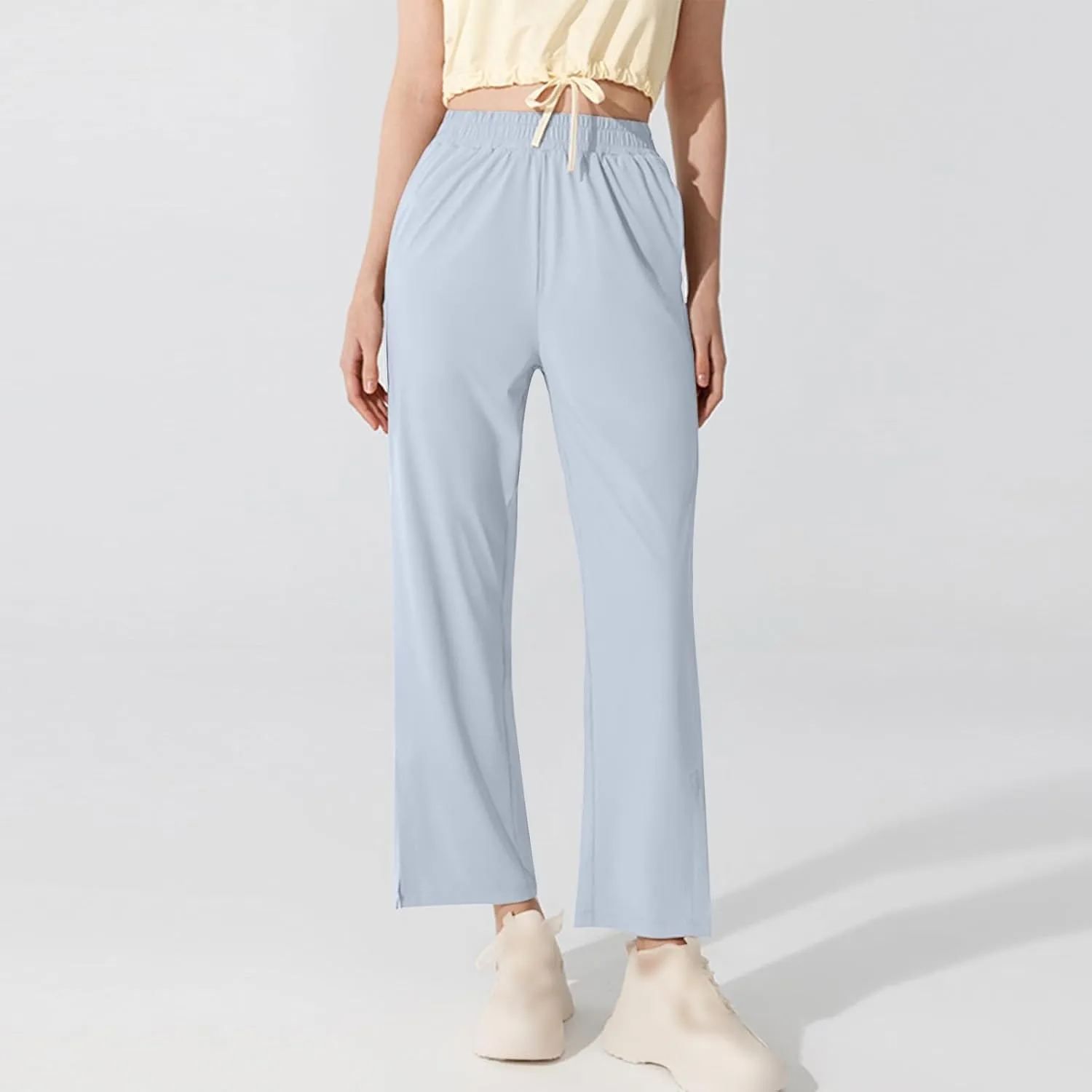 Womens Summer Athletic Pants Straight Leg Stretch Waisted Trousers with Pockets Breathable Loose Comfy Fitness Pant